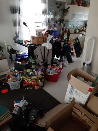 Unordentliches Wohnzimmer mit Spielsachen, Kartons, Müll und Haushaltsgegenständen.